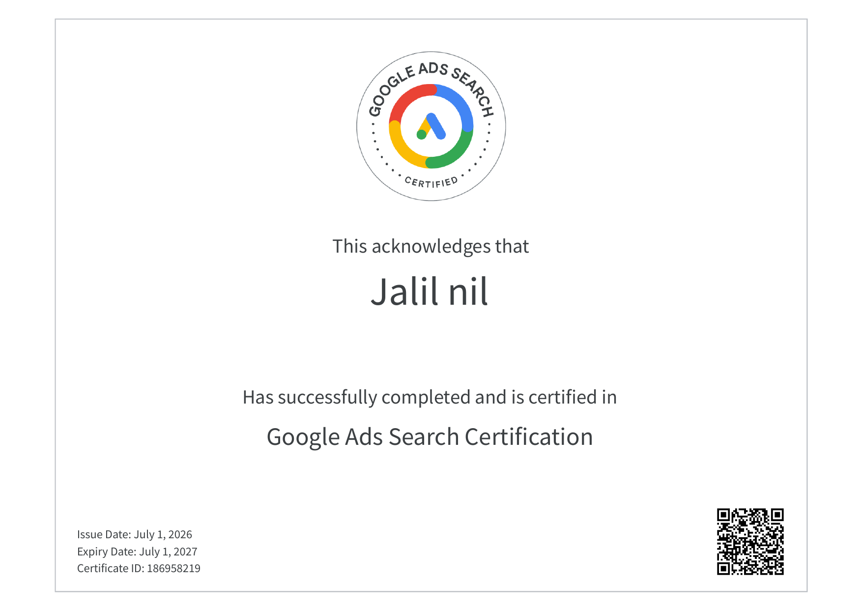 Certification officielle Google Ads Search de Jalil, fondateur de Norvana